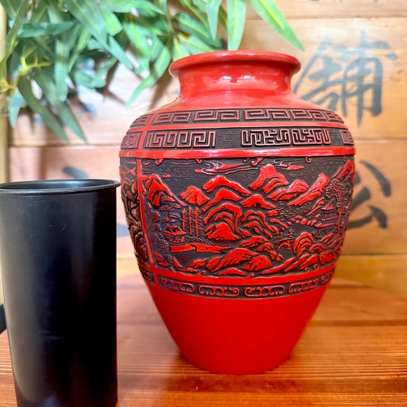Japanese Flower Vase Red Cinnabar Lacquer Kabin Ikebana Kamakura Bori Ceremony - Picture 3 of 15